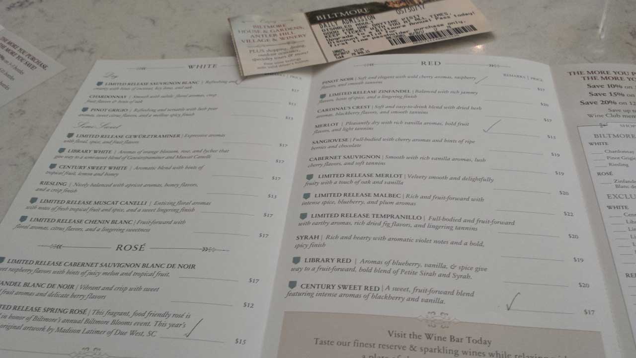 Biltmore Wine Tasting Menu