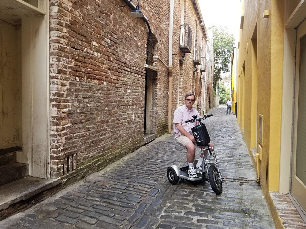 The alley filled with brick and cobblestones next to Magnolias